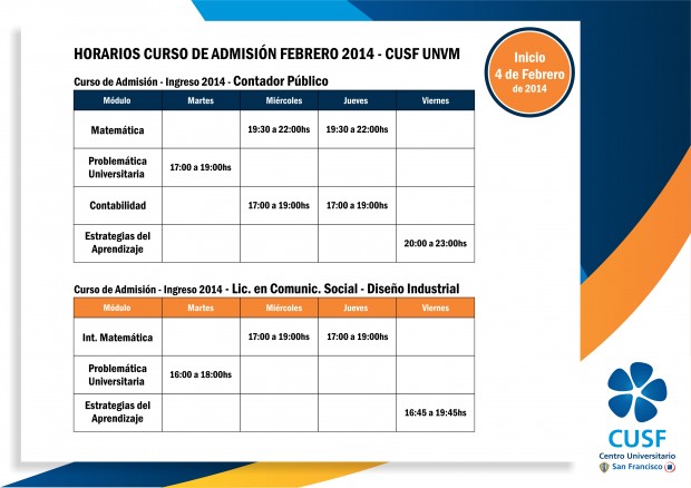 Horarios Curso de Admisión Febrero 2014 - CUSF UNVM