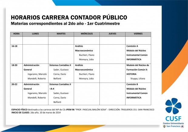  Horarios materias segundo año de las carreras de Contador Público y Lic. en Comunicación Social