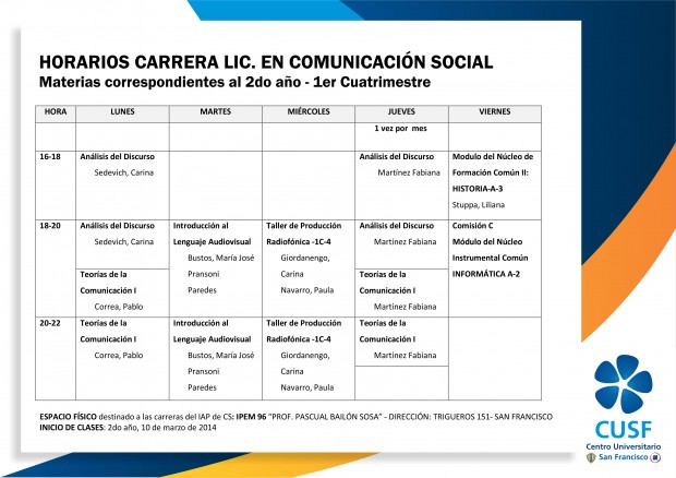 Horarios materias segundo año de las carreras de Contador Público y Lic. en Comunicación Social