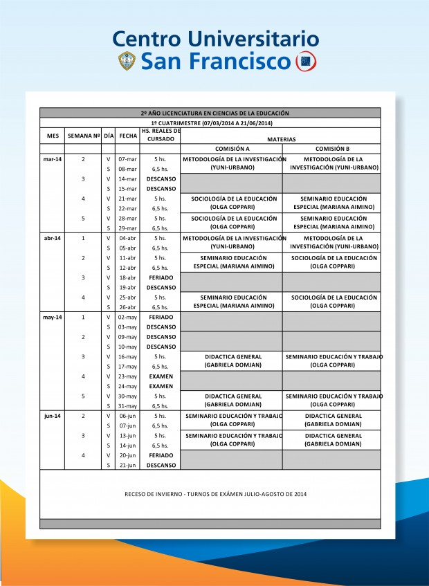 Cronograma Primer Cuatrimestre - Lic. en Ciencias de la Educación